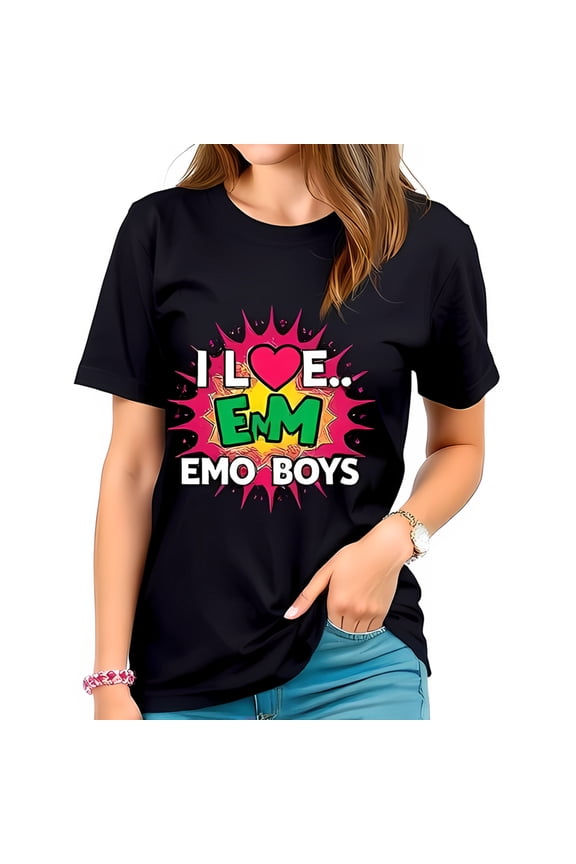 Trendy Black Cotton Short Sleeve T-Shirt with Colorful 'I Love EMO BOYS' Graphic Design Relaxed Fit Fun Burst Pattern