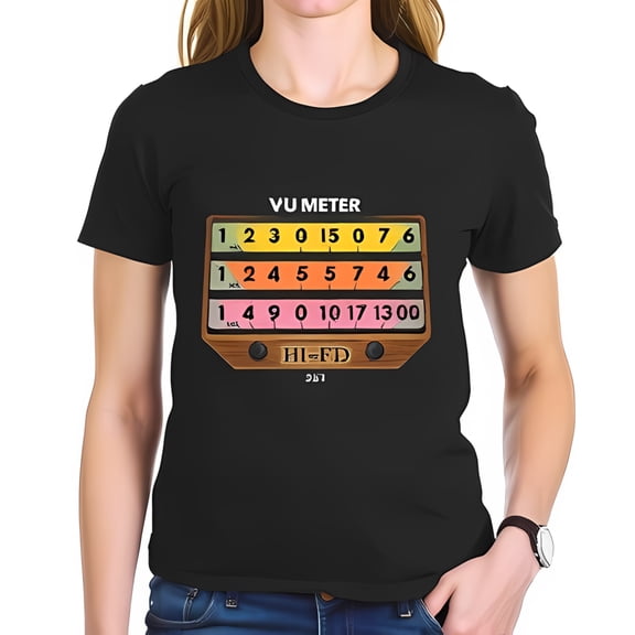Trendy Black Cotton Short Sleeve T-Shirt with Colorful Vintage VU Meter Graphic Design - Perfect for Music Lovers