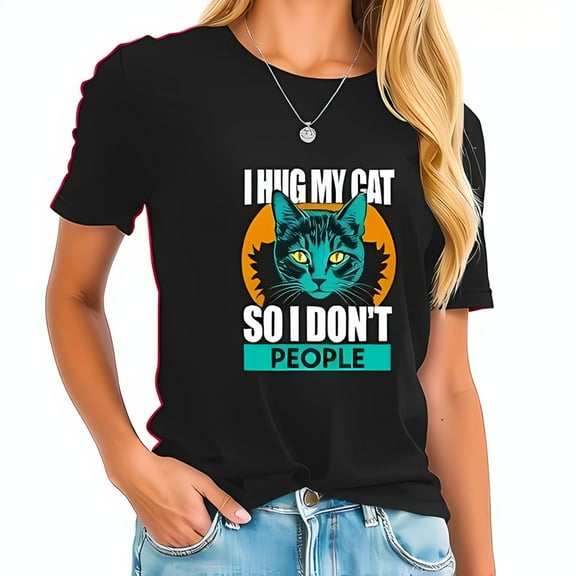 Trendy Black Cotton Short Sleeve T-Shirt with " I Hug My Cat So I Don't People " Slogan & Teal Cat Illustration