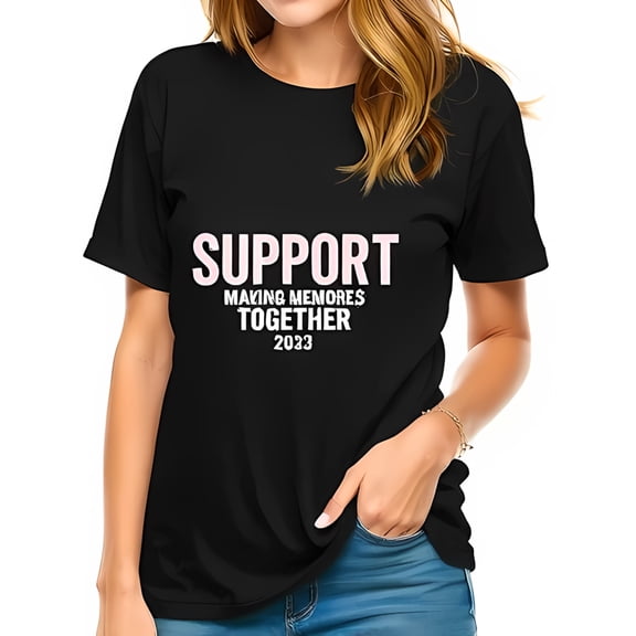 Trendy Black Cotton Short Sleeve T-Shirt with Pink & White " SUPPORT MAKING MEMORIES TOGETHER 2023 " Slogan
