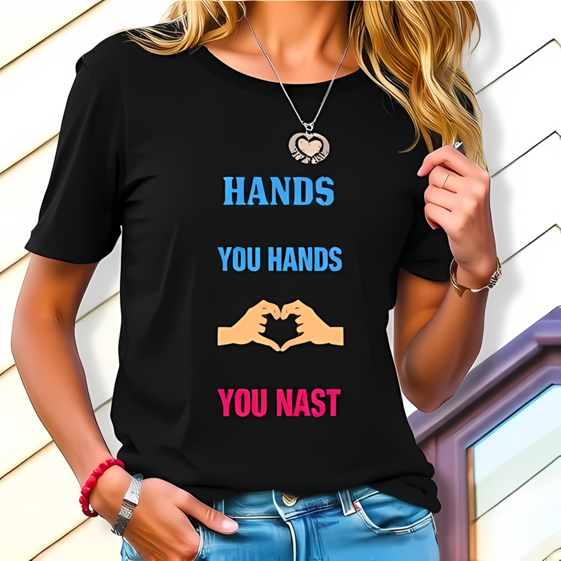 Trendy Black Cotton Short Sleeve T-Shirt with Playful 'HANDS YOU HANDS ...