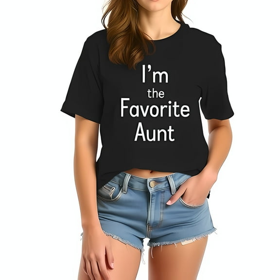 Trendy Black Cropped Cotton T-Shirt for Women - " I'm the Favorite Aunt " Bold White Lettering - Casual Chic Style for Summer