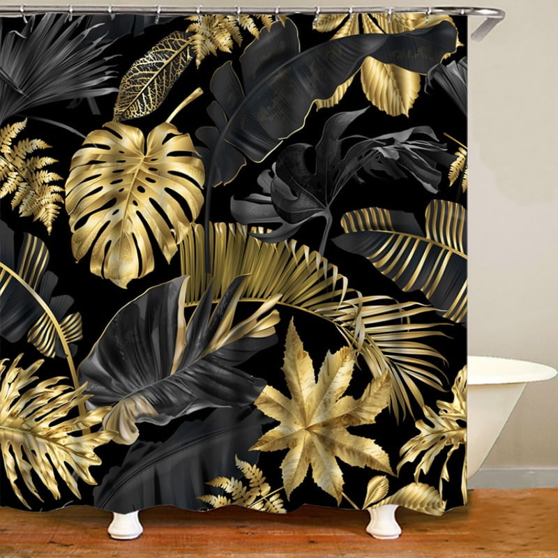 Trendy Black Gold Tropical Palm Tree Shower Curtains and Bath Rug Set