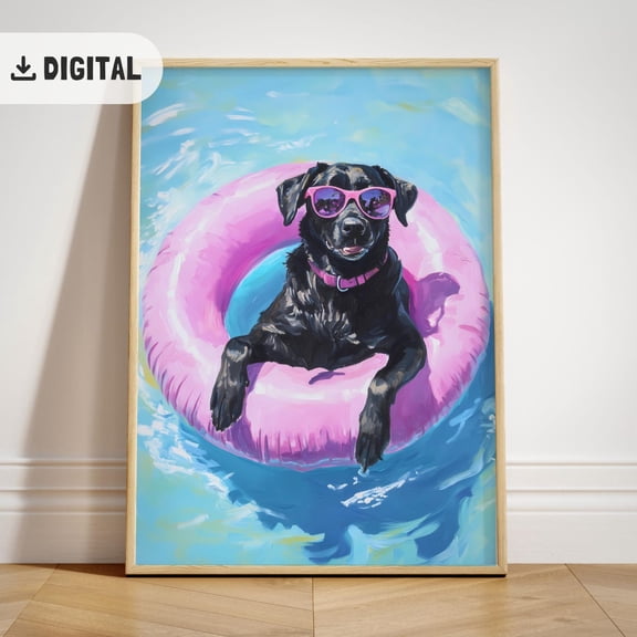 Trendy Black Labrador Retriever Poster Colorful Summer Poster Wall Art Lab Dog Beach Decoration Maximalist Decor Dopamine, Unframed Poster Size 12x18