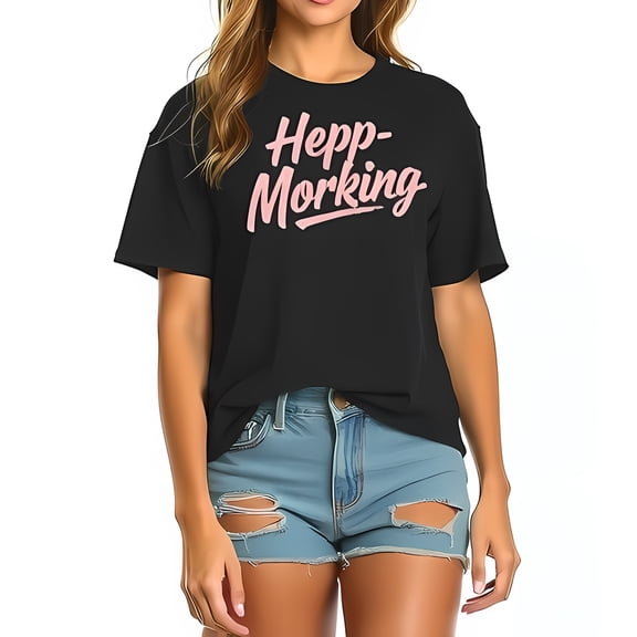 Trendy Black Oversized T-Shirt with Pastel Pink 'Hepp-Morking' Graphic - Casual Style for Women