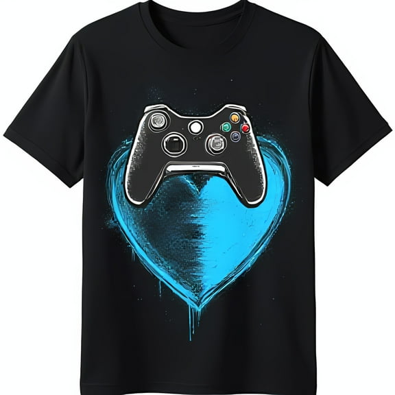 Trendy Black T-Shirt with Blue Heart Graphic & Colorful Game Controller Design