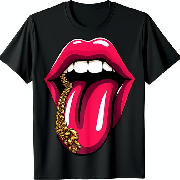 Trendy Black T-Shirt with Bold Pink Cartoon Mouth & Gold Chain Graphic