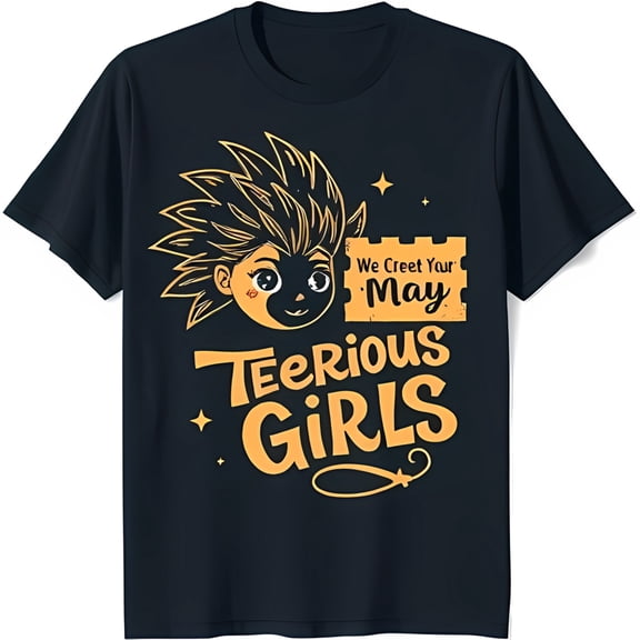 Trendy Black T-Shirt with Cartoon Girl Face & Bold Text