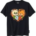 thumbnail image 1 of Trendy Black T-Shirt with Cartoon Reading Together in Heart Design, 1 of 5