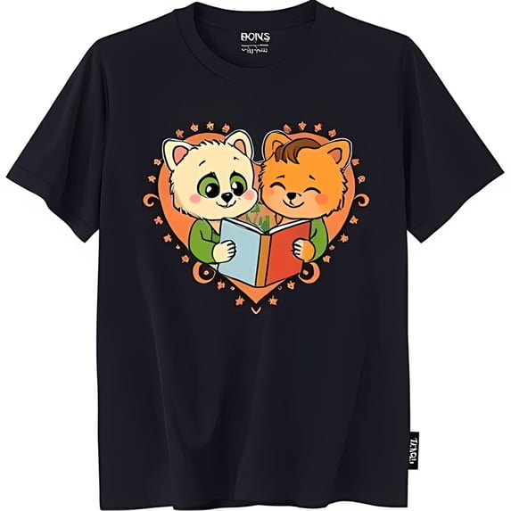 Trendy Black T-Shirt with Cartoon Reading Together in Heart Design