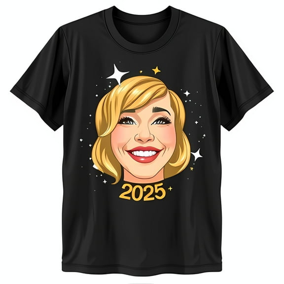 Trendy Black T-Shirt with Cartoon Woman & Gold 2025 Graphic