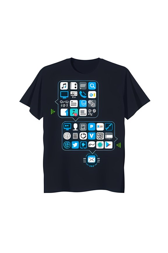 Trendy Black T-Shirt with Colorful App Graphic in Blue Box Design