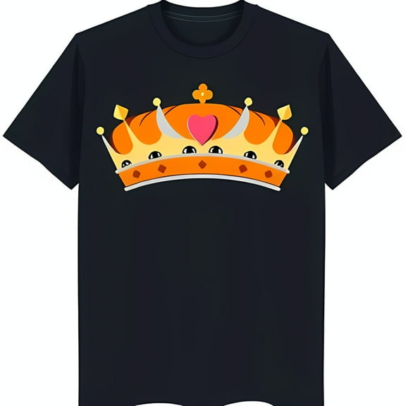 Trendy Black T-Shirt with Colorful Cartoon Crown & Heart Graphic