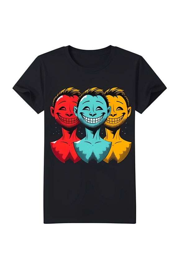 Trendy Black T-Shirt with Colorful Pop Art Smiling Faces Graphic Design