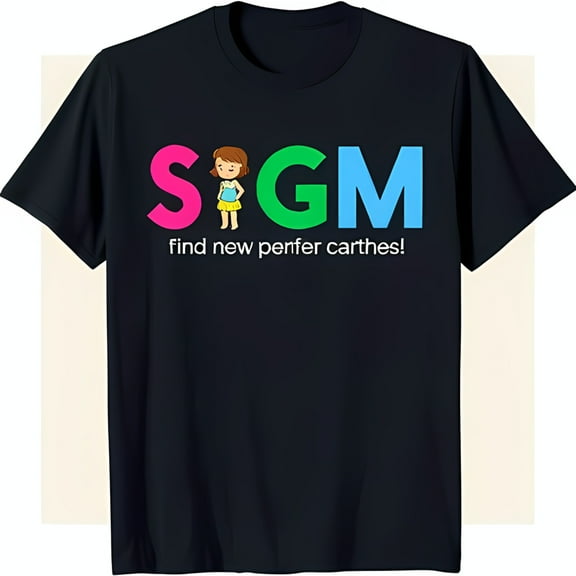Trendy Black T-Shirt with Colorful SGM Graphic & Cartoon Girl Design