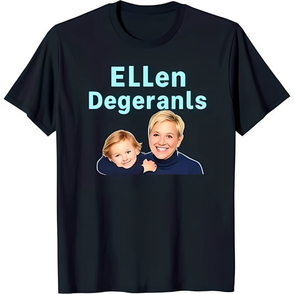 Trendy Black T-Shirt with 'Ellen Degenerans' Graphic & Iconic Image