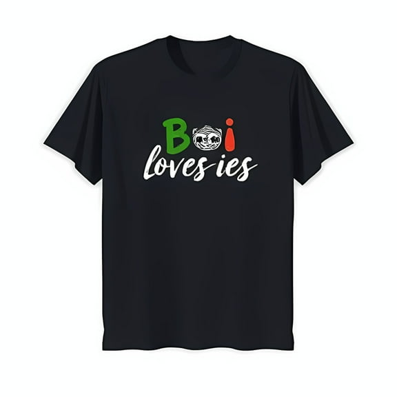 Trendy Black T-Shirt with Fun 'Boi Loves Ies' Graphic & Cartoon Face Design