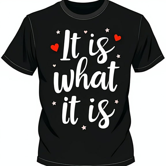 Trendy Black T-Shirt with It Is What It Is Graphic & Cute Hearts