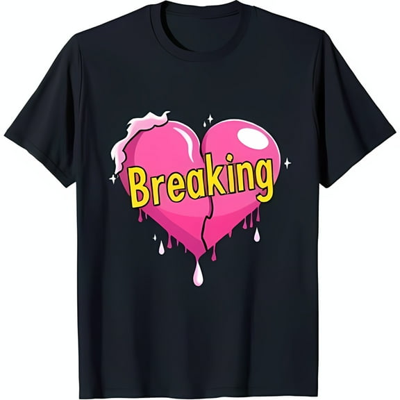 Trendy Black T-Shirt with Pink Dripping Broken Heart Graphic & 'Breaking' Text