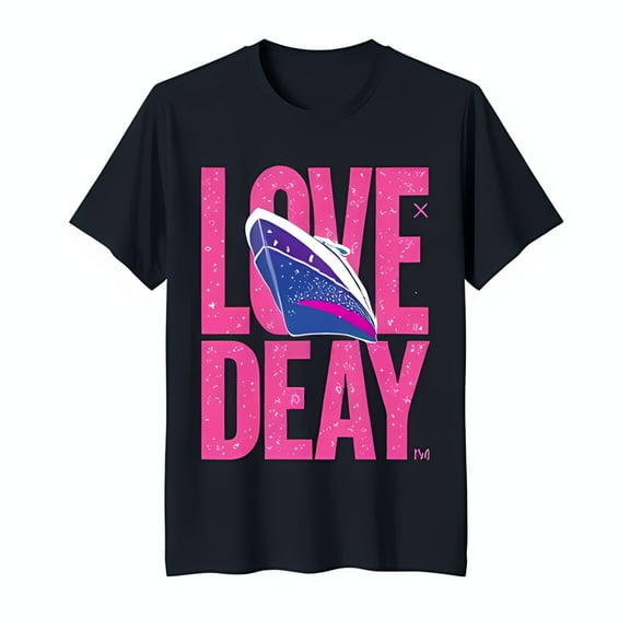 Trendy Black T-Shirt with Pink 'LOVE' & 'DEAY' Graphic Colorful Ship Design