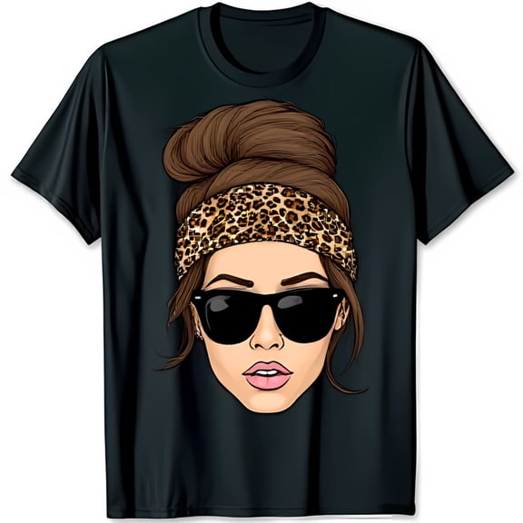 Trendy Black T-Shirt with Stylish Woman Graphic Messy Bun & Sunglasses