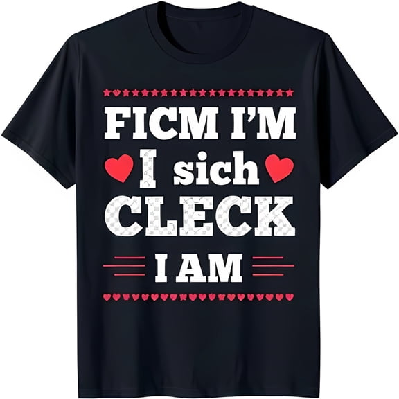 Trendy Black T-Shirt with Unique FICM I M I sich CLECK I AM Graphic & Heart Accents