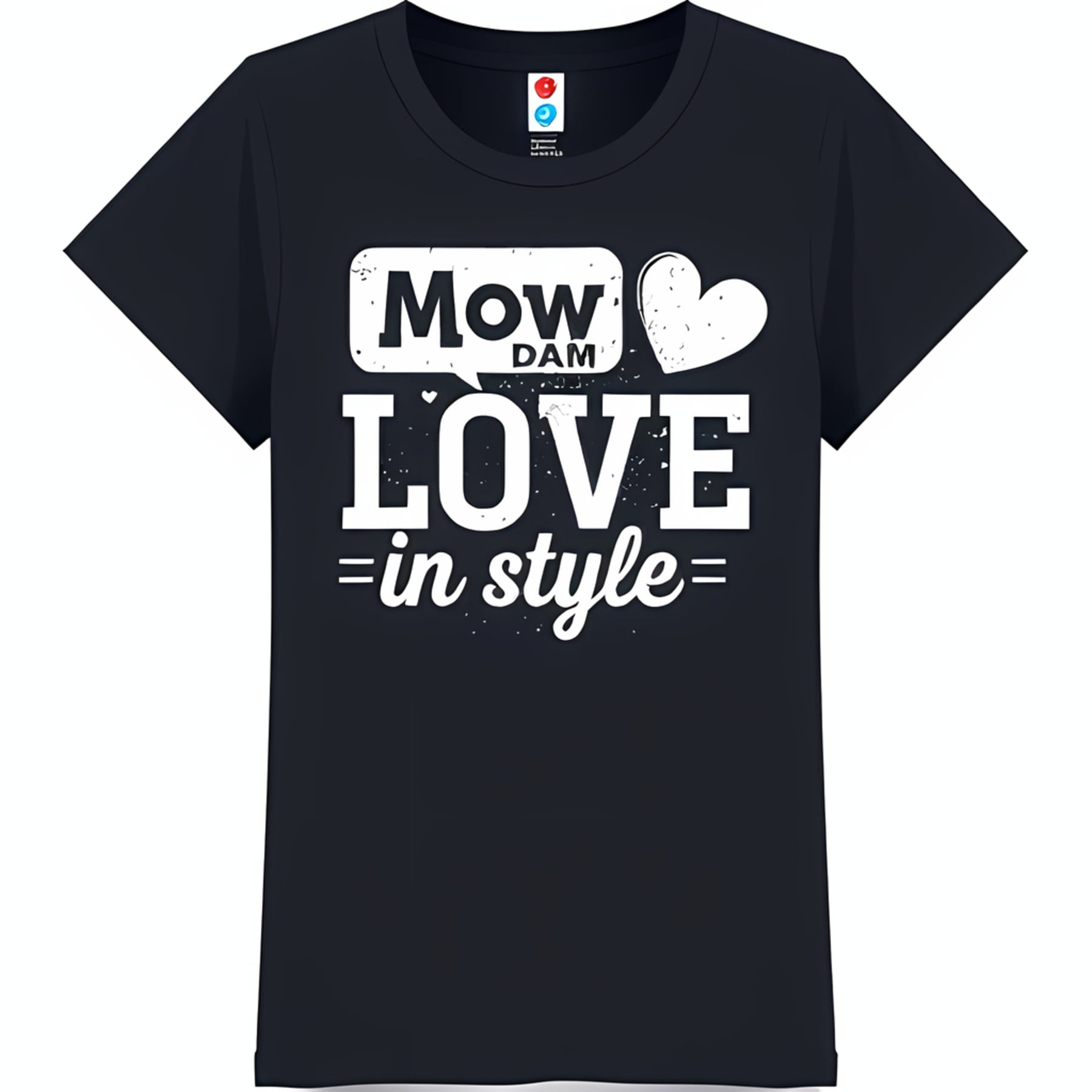 Trendy Black TShirt with White 'Mow Dam' Speech Bubble Graphic & Heart