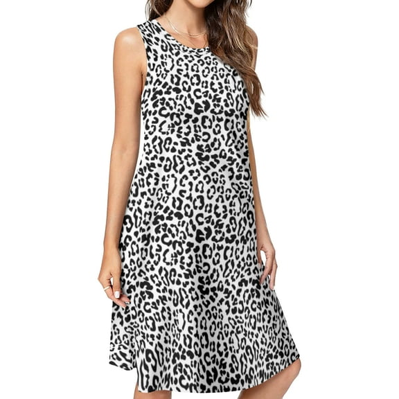 Trendy Black and White Leopard Print Spring Summer Dresses for Women Fashion T-shirt Dress Casual Sleeveless Loose Sundress with Pockets