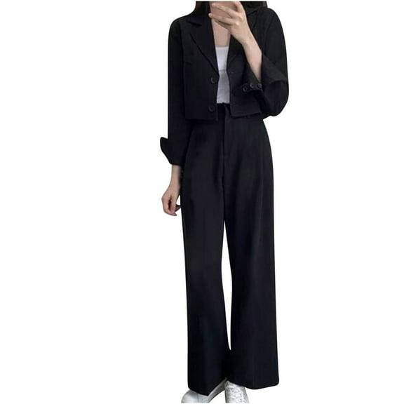 Trendy Blazer Sets for Women Outfits 2 Piece Dressy Casual Crop Suit Jacket and Wide Leg High Waist Pants S-3XL (Small, Black)