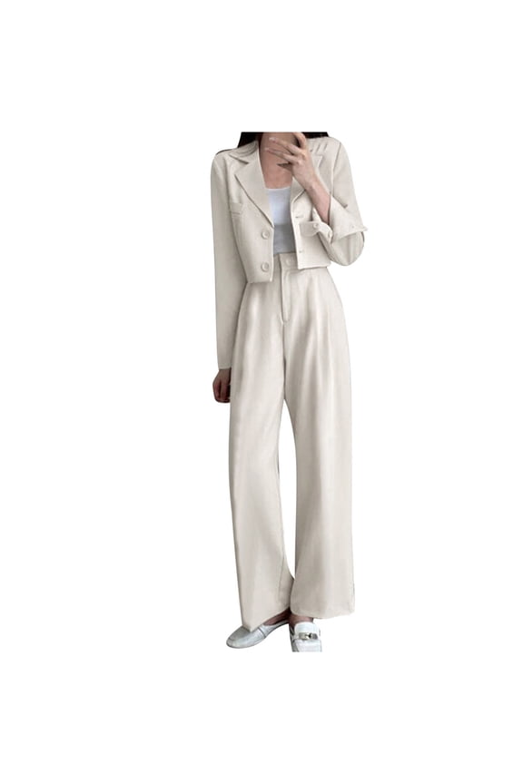 Trendy Blazer Sets for Women Outfits 2 Piece Dressy Casual Crop Suit Jacket and Wide Leg High Waist Pants S-3XL (X-Large, White)