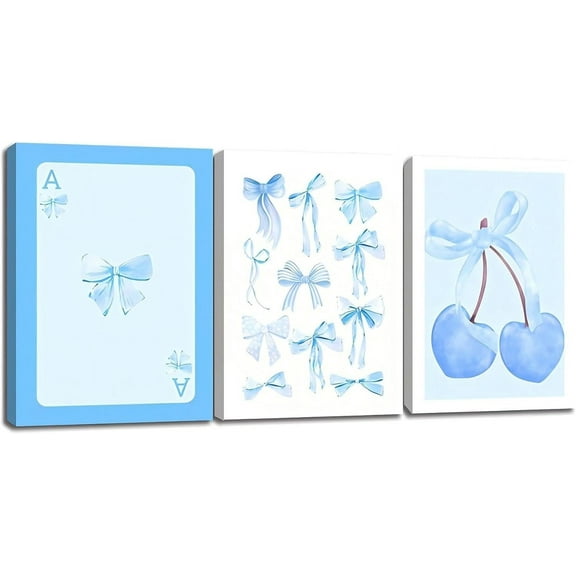 Trendy Blue Bows Wall Art Set of 3 Preppy Cherry Watercolor Bows Canvas Posters Prints Girly Aesthetic Room Decor Coquette Pictures for College Apartment Bedroom Dorm Decoration 12x16x3inch Unframed