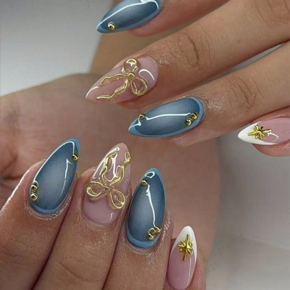 Trendy Blue Green Gradient Fake Nails 3D Bows Design Almond Shape ABS Materials 1Set For Women