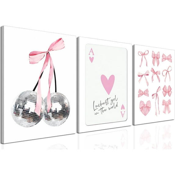 Trendy Blue Wall Art Set of 3, Preppy Navy Blue Wall Decor, Coquette Disco Lucky Me 8 Ball Poster Canvas Prints Aesthetic Pictures for Teen Girls Bedroom Living Room Dorm