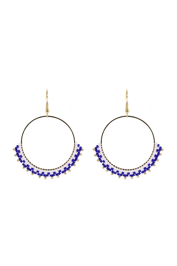 Trendy Bohemian Handmade Beaded Hoop Earrings, 18K Gold Plated Blue White Seed Bead Fringe Dangle Earrings, Ethnic Statement Jewelry for Daily Party Vacation