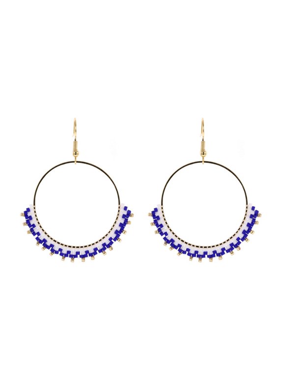 Trendy Bohemian Handmade Beaded Hoop Earrings, 18K Gold Plated Blue White Seed Bead Fringe Dangle Earrings, Ethnic Statement Jewelry for Daily Party Vacation