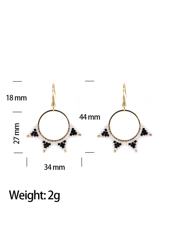 Trendy Bohemian Handmade Black White Seed Bead Hoop Earrings, 18K Gold Plated Geometric Fringe Dangle Earrings, Ethnic Statement Jewelry for Daily Party Vacation
