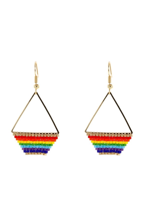 Trendy Bohemian Handmade Rainbow Seed Bead Fan Earrings, 18K Gold Plated Tiered Triangle Dangle Drop Earrings, Pride Statement Jewelry for Daily Party Vacation