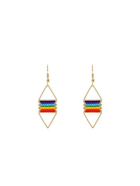 Trendy Bohemian Handmade Rainbow Seed Bead Rhombus Earrings, 18K Gold Plated Geometric Dangle Drop Earrings, Pride Statement Jewelry for Daily Party Vacation