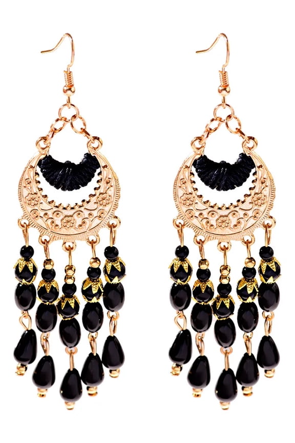 Trendy Bohemian Red Beads Tassel Earrings Geometric Dangle Earring