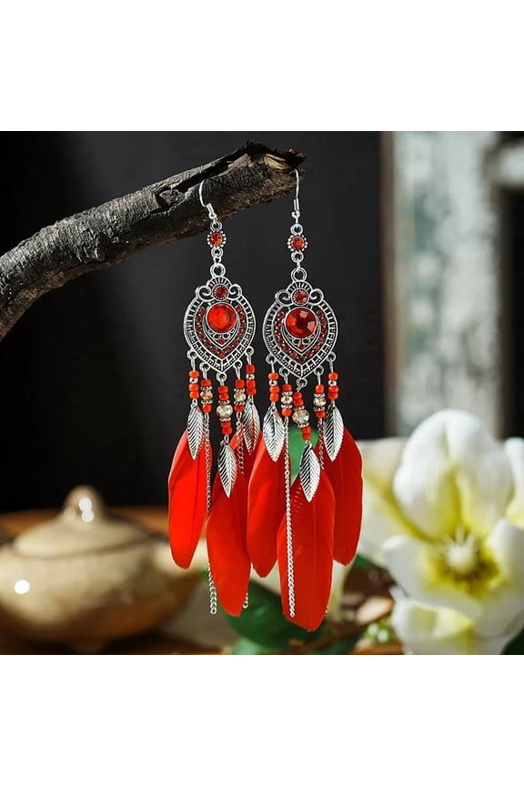 Trendy Boho Feather Long Leaf Tassel Drop Earring Geometric Earring