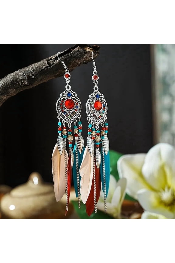 Trendy Boho Feather Long Leaf Tassel Drop Earring Geometric Earring