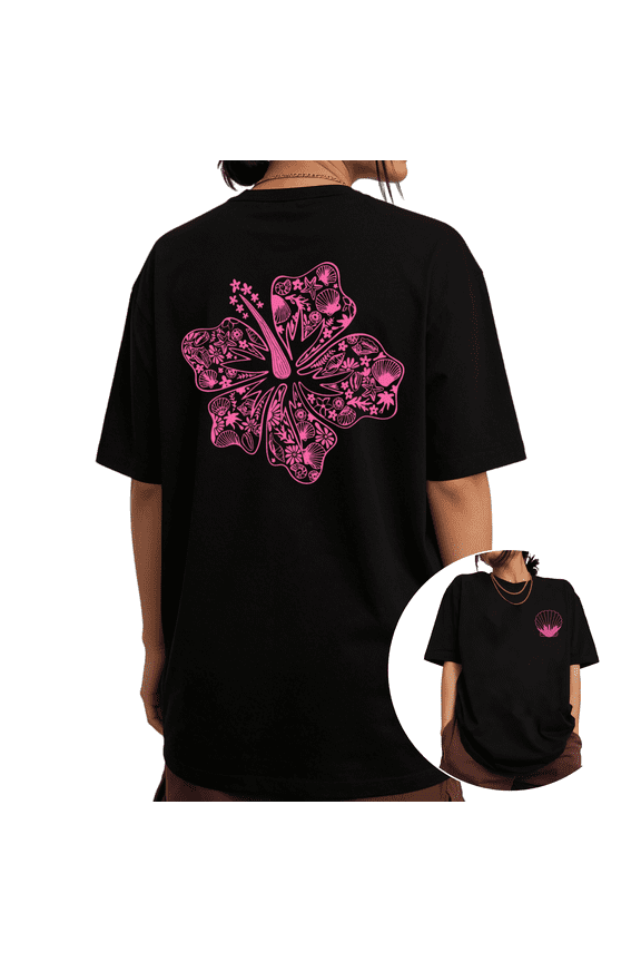 Trendy Boho Summer Ocean Hibiscus Flower Teal Graphic Tees Womans Oversized T-shirt Black/White S-5XL Tops