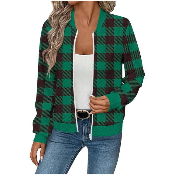 Trendy Bomber Jacket for Women Waffle-Textured Printed Full Zip Long Sleeve Hoodless Coat Casual Fall Clothes (L, Army Green|Plaid)