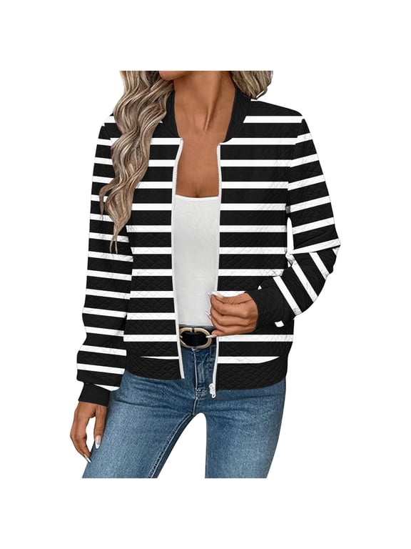 Trendy Bomber Jacket for Women Waffle-Textured Printed Full Zip Long Sleeve Hoodless Coat Casual Fall Clothes (L, Black|Stripe)