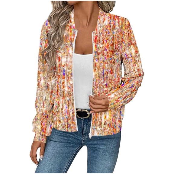 Trendy Bomber Jacket for Women Waffle-Textured Printed Full Zip Long Sleeve Hoodless Coat Casual Fall Clothes (L, Orange)