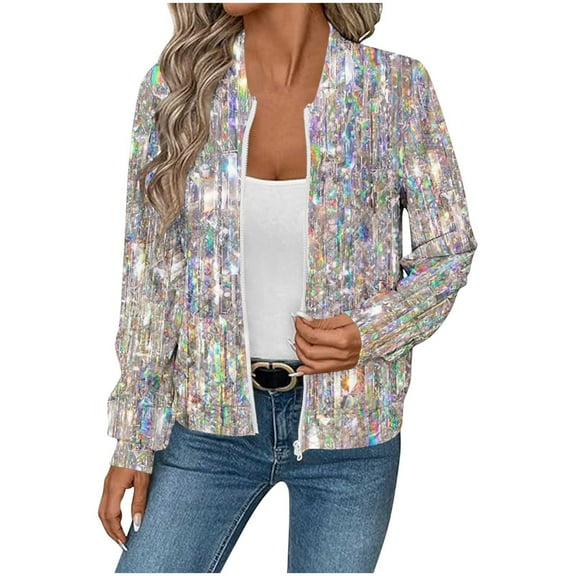 Trendy Bomber Jacket for Women Waffle-Textured Printed Full Zip Long Sleeve Hoodless Coat Casual Fall Clothes (L, Silver)