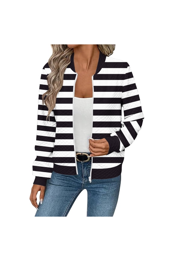 Trendy Bomber Jacket for Women Waffle-Textured Printed Full Zip Long Sleeve Hoodless Coat Casual Fall Clothes (M, Dark Gray|Stripe)