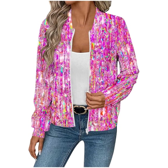 Trendy Bomber Jacket for Women Waffle-Textured Printed Full Zip Long Sleeve Hoodless Coat Casual Fall Clothes (M, Hot Pink)
