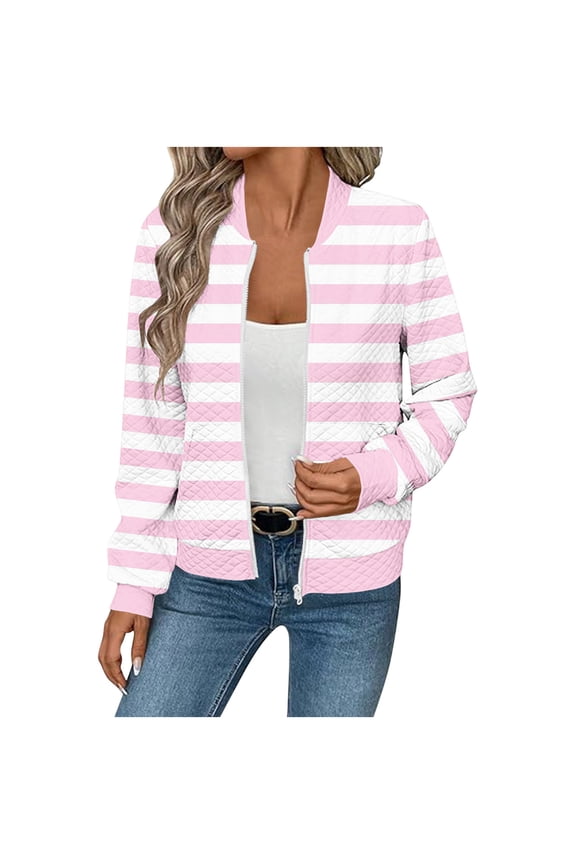 Trendy Bomber Jacket for Women Waffle-Textured Printed Full Zip Long Sleeve Hoodless Coat Casual Fall Clothes (M, Pink|Stripe)