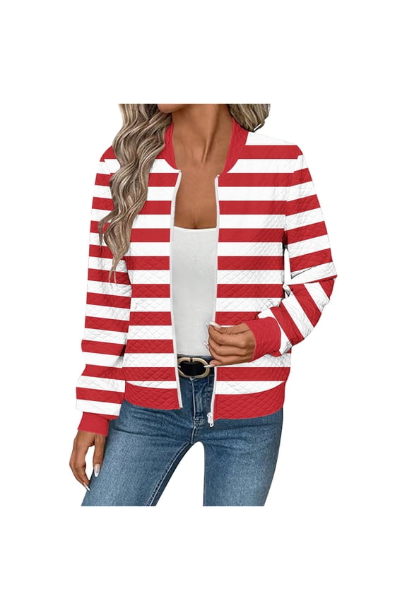 Trendy Bomber Jacket for Women Waffle-Textured Printed Full Zip Long Sleeve Hoodless Coat Casual Fall Clothes (M, Red|Stripes)